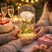 Вечная белая роза UKC в стеклянной колбе с LED-подсветкой, 20 см