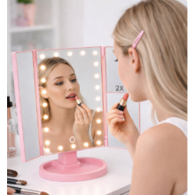 Настольное зеркало для макияжа UKC с LED подсветкой 22 светодиода, розовое